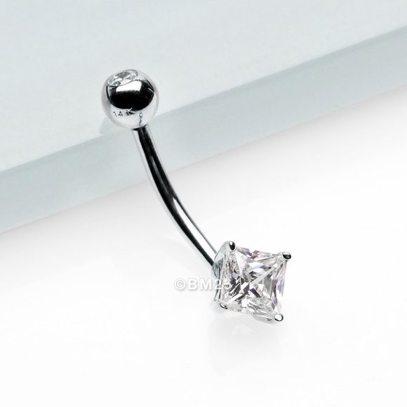 14 Karat White Gold Prong Set Princess Cut Gem Belly Button Ring - Picture 1 of 2